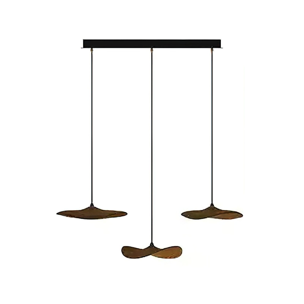 Three Clérachic walnut-colour leaf pendants hung at two levels from a black bar canopy, on white.