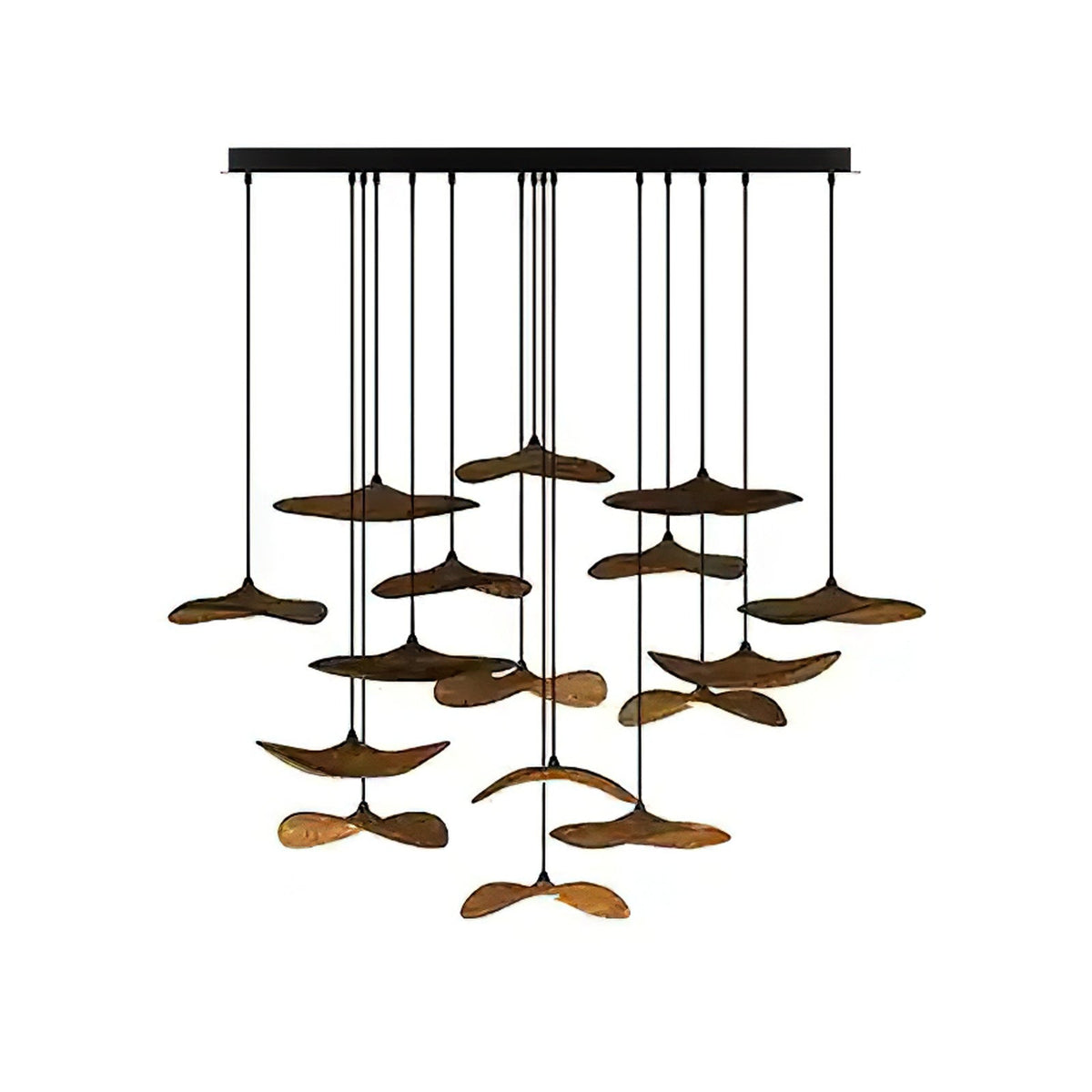 Large cluster of walnut-colour Clérachic leaf pendants from a wide black canopy, hung at many levels, on white.