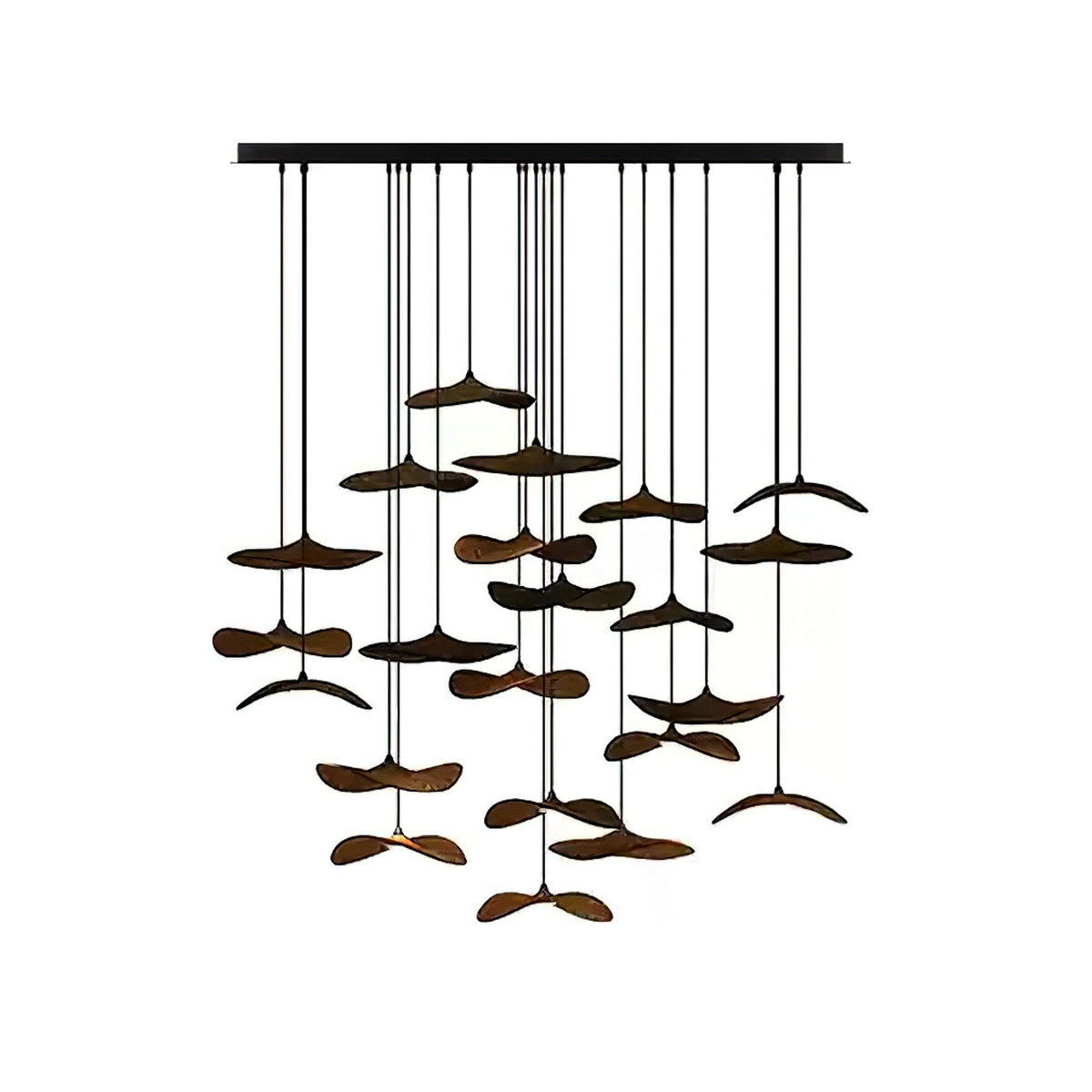 Very full cluster of dark walnut-colour Clérachic leaf pendants of different sizes, on a white background.