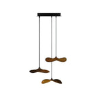 Three walnut-colour Clérachic leaf pendants hung at different heights from a small black canopy, on white.
