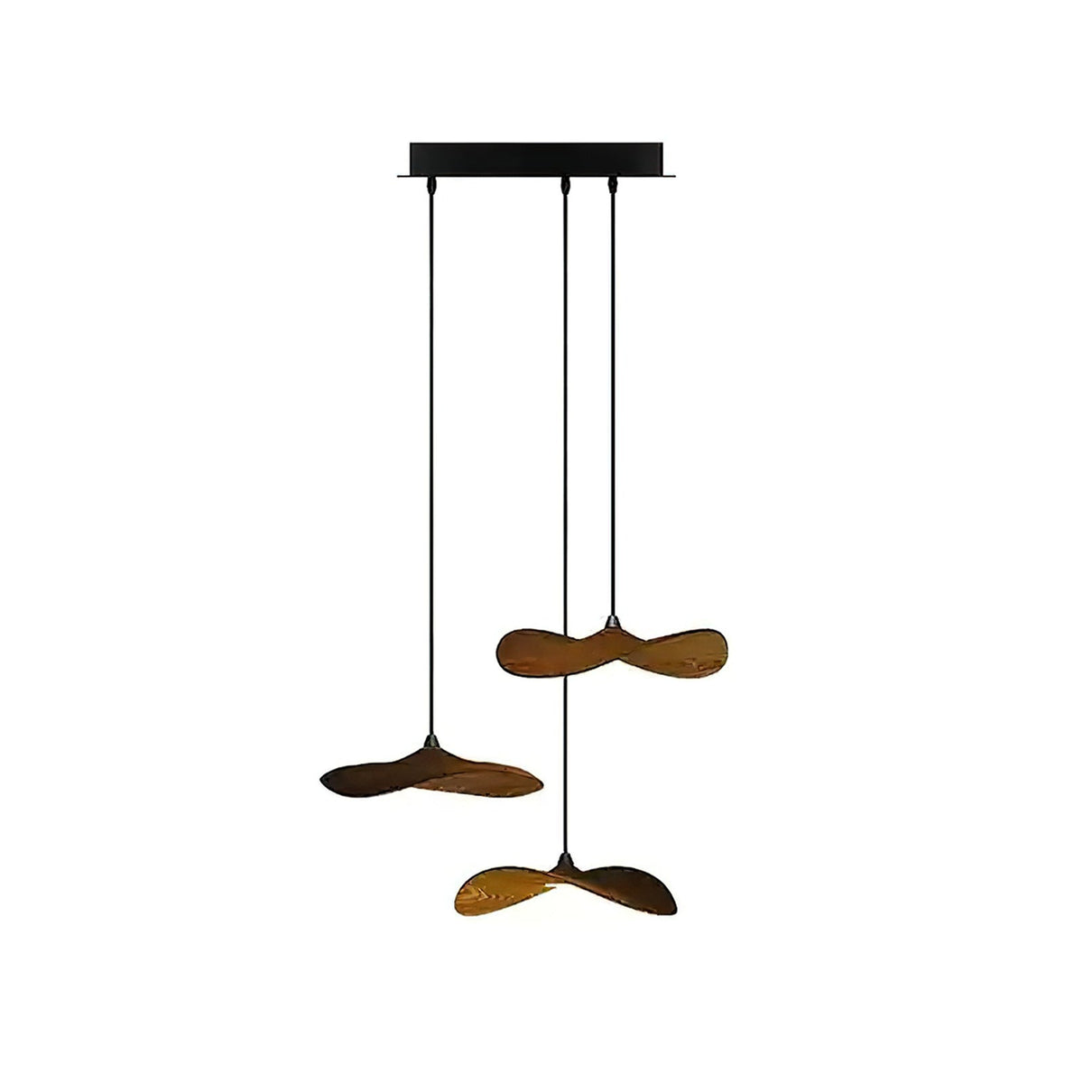 Three walnut-colour Clérachic leaf pendants hung at different heights from a small black canopy, on white.
