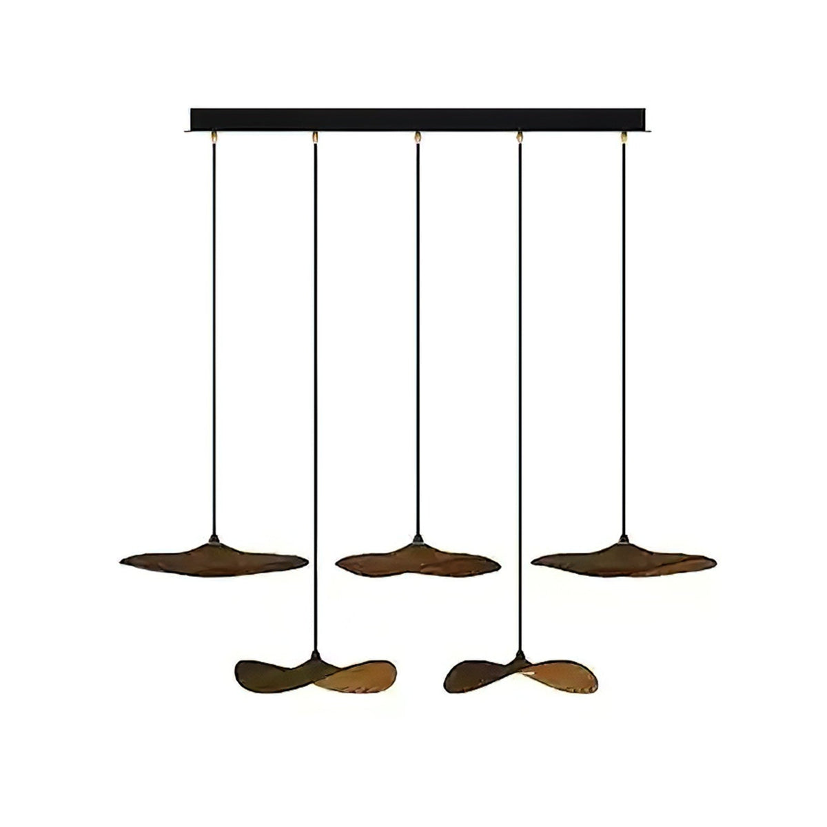 Five Clérachic leaf pendants in walnut colour on a black bar canopy, hanging at two alternating heights.