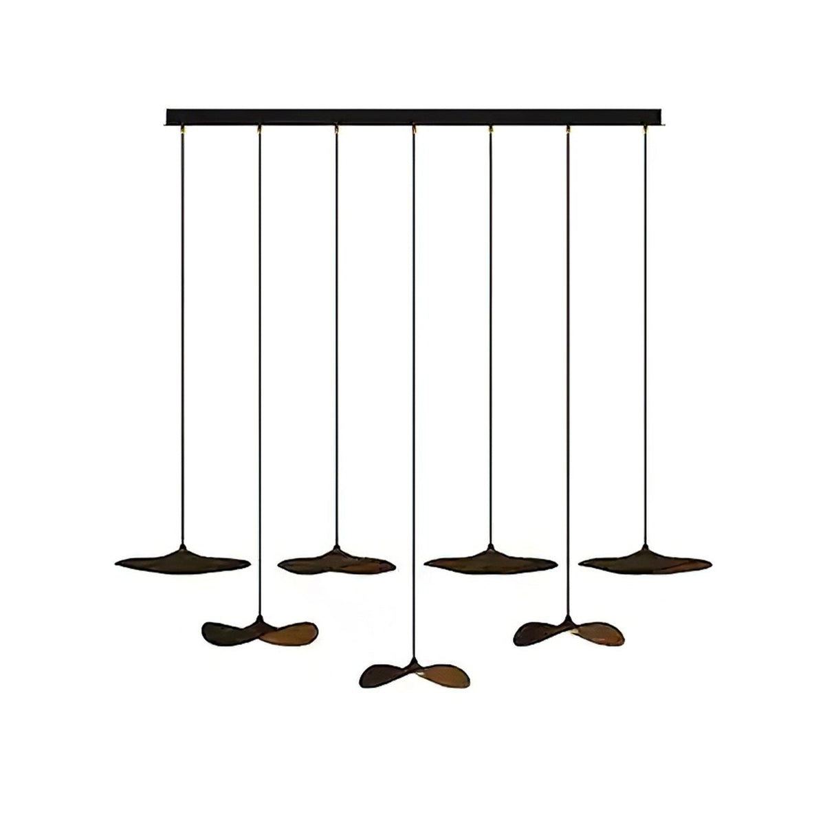 Seven Clérachic leaf pendants in dark walnut colour on a long black bar canopy, at alternating heights.