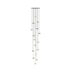Very tall slim column of Clérachic leaf pendants on a round canopy, with fine cables running down on white.