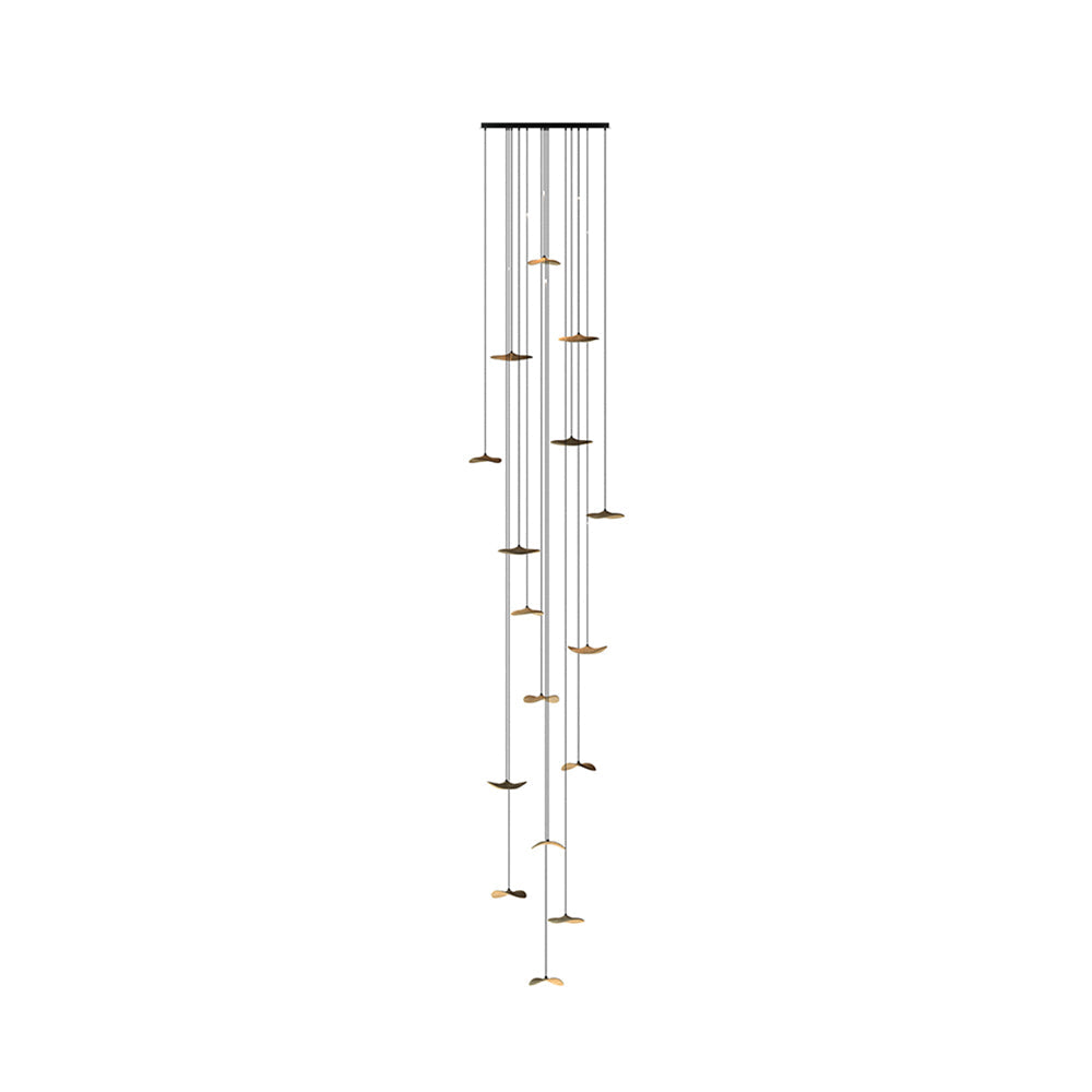 Very tall slim column of Clérachic leaf pendants on a round canopy, with fine cables running down on white.