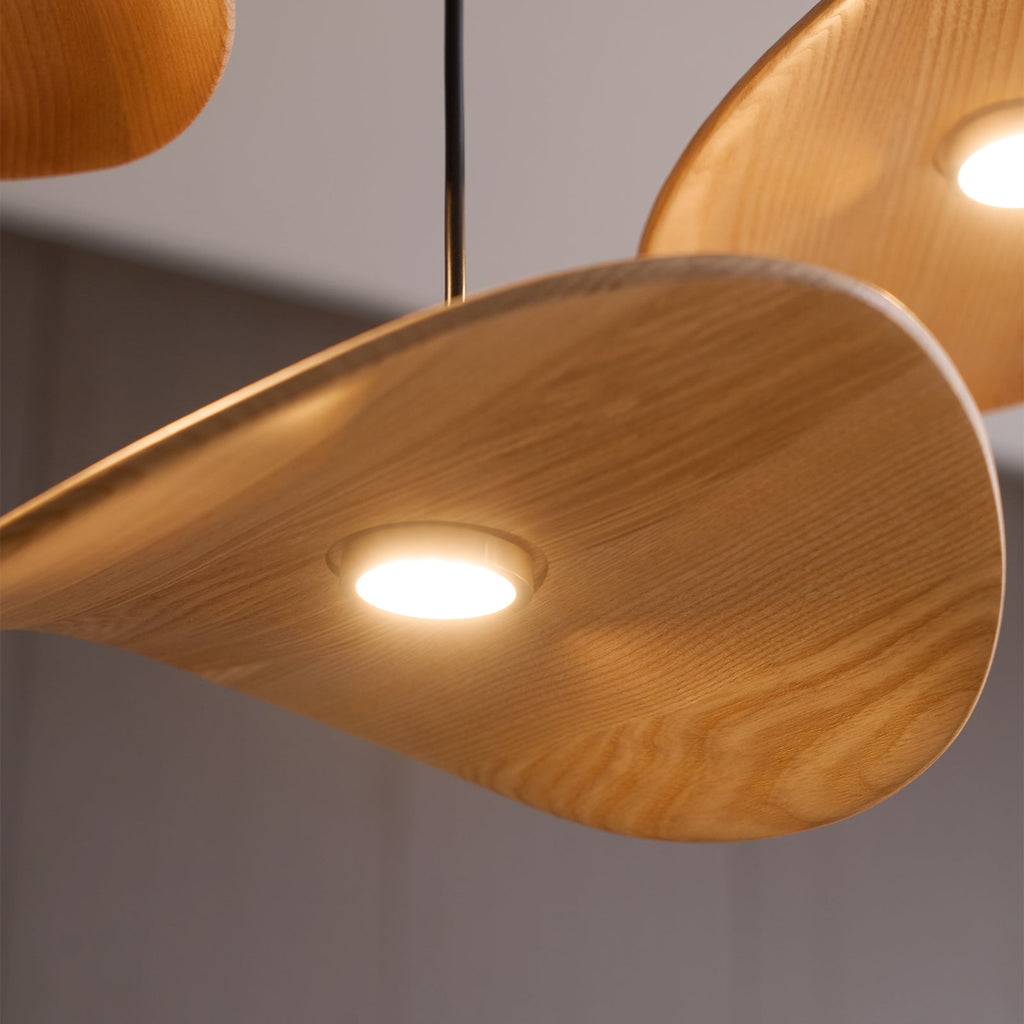 Close view of the curved underside of a Clérachic wooden leaf pendant, with its small round light switched on.