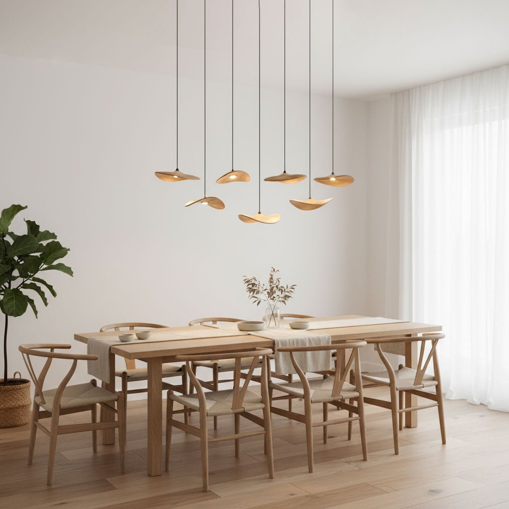 Seven small Clérachic leaf pendants over a light oak dining table with Wishbone-style chairs and a tall plant.