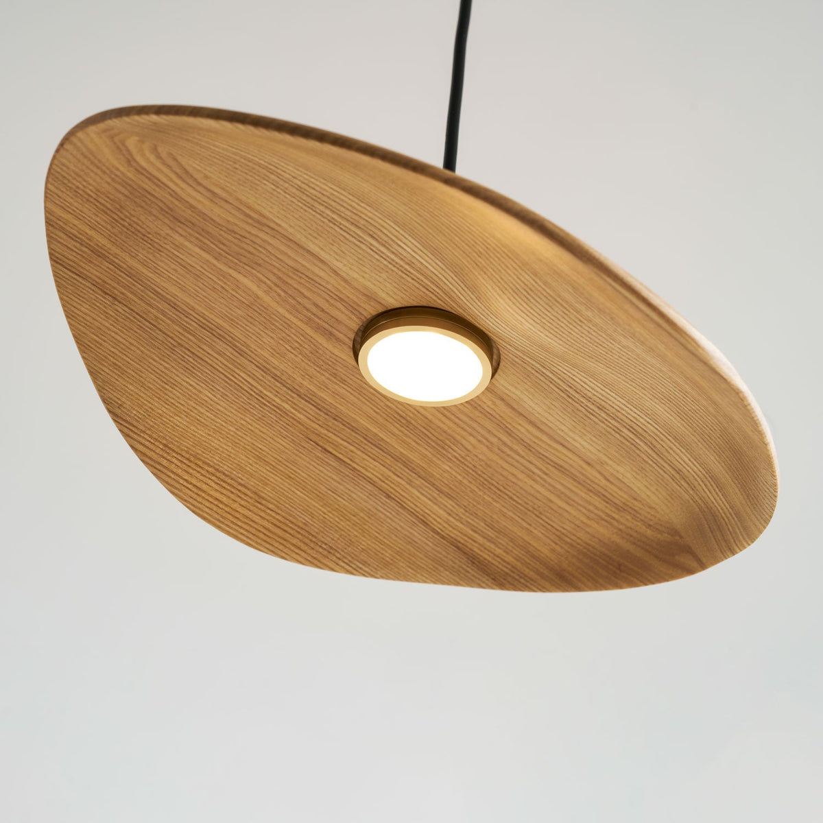 Looking up at the underside of a Clérachic wooden leaf pendant, with its fine grain and a round light at the centre.