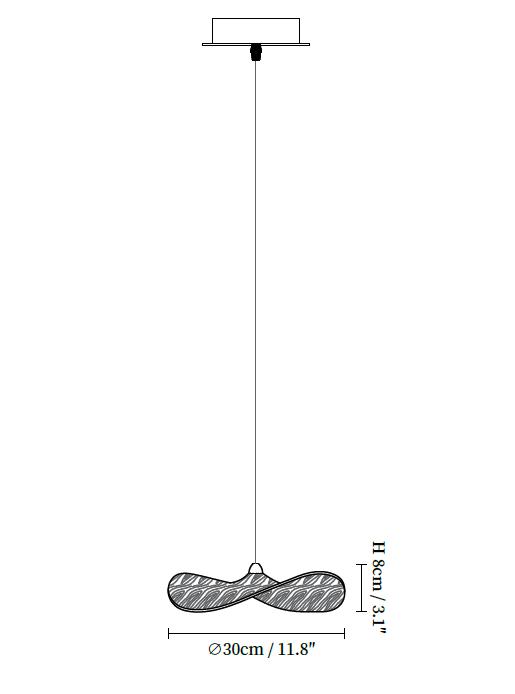 Dimension drawing of this Clérachic single leaf pendant, with its height and width marked.