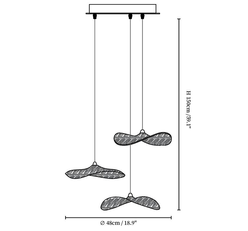 Dimension drawing of this Clérachic three-leaf pendant, with its drop and spread marked.