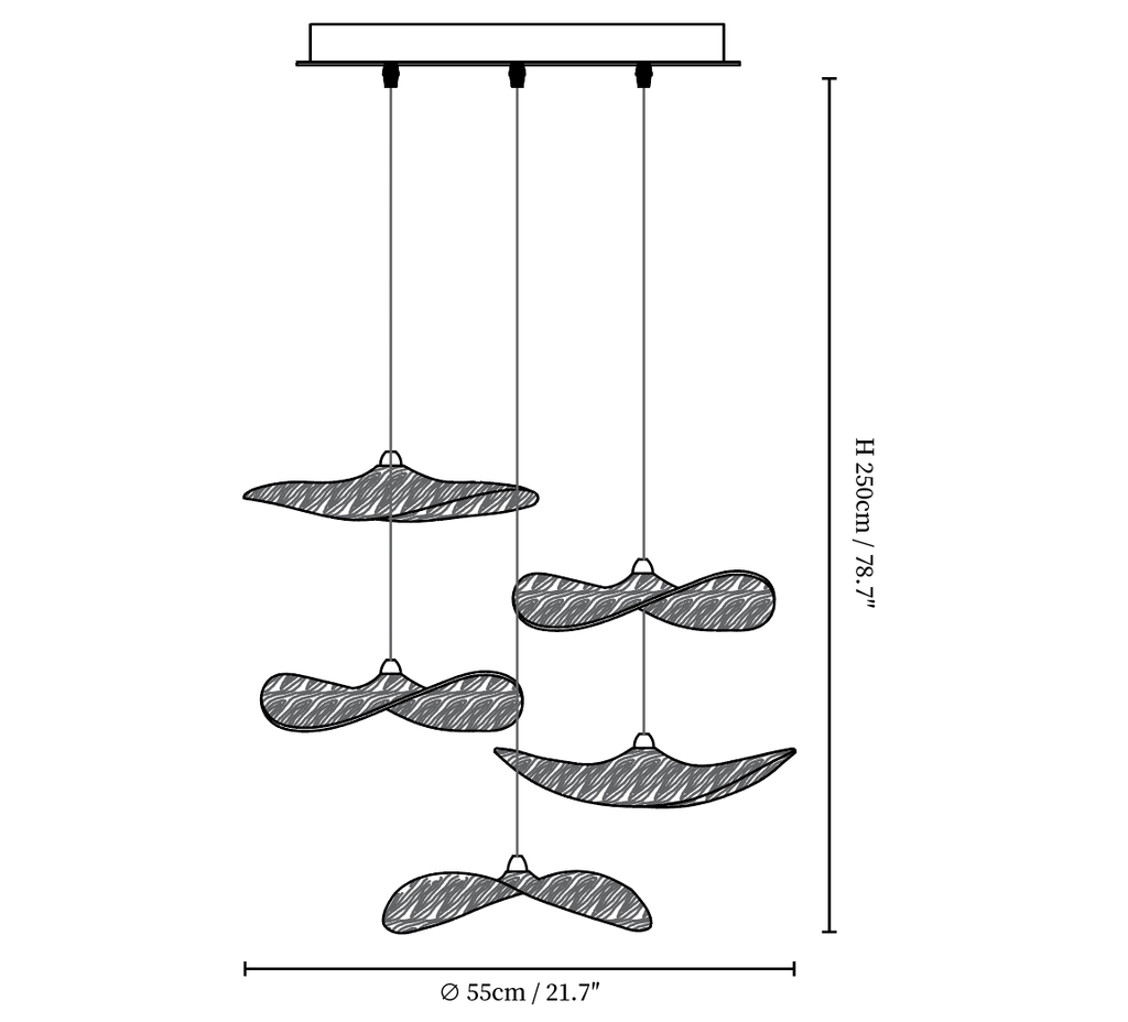 Dimension drawing of this Clérachic five-leaf pendant, with its height and width marked.