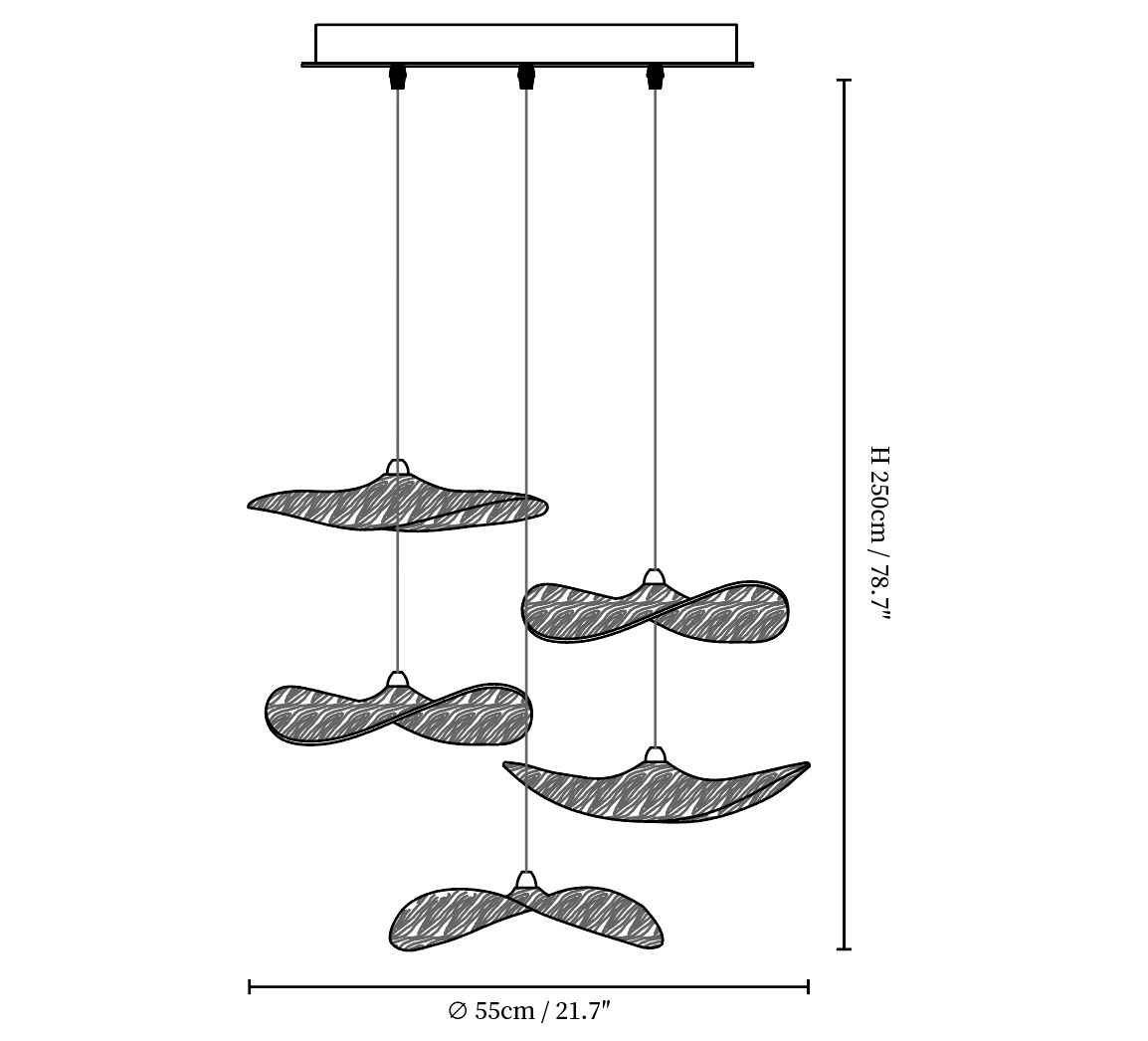 Dimension drawing of this Clérachic five-leaf pendant, with its height and width marked.