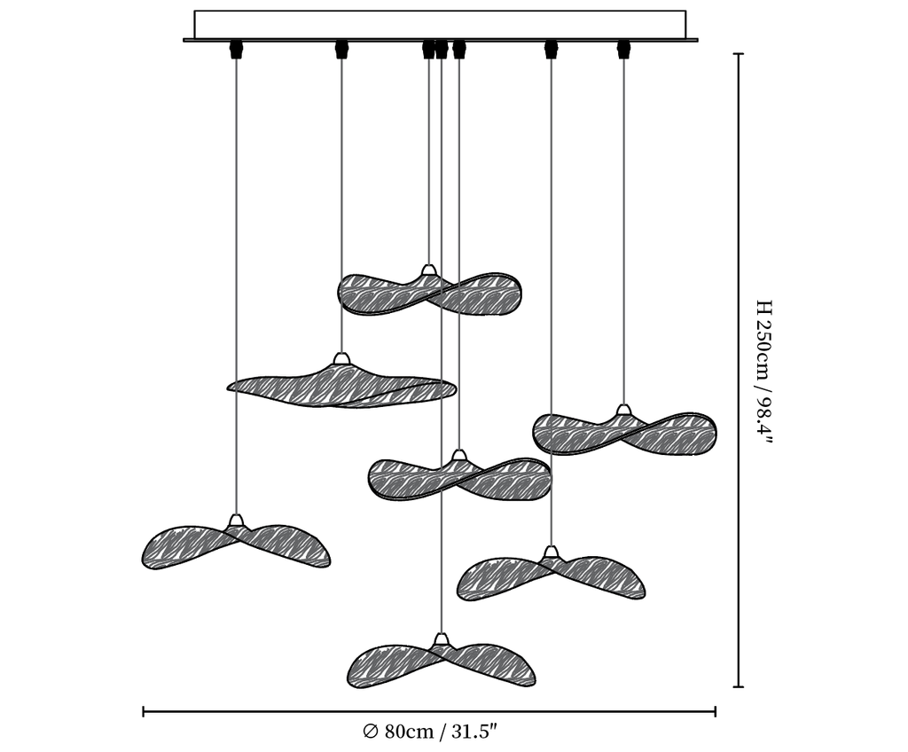 Dimension drawing of this Clérachic seven-leaf pendant, with its overall height and spread marked.