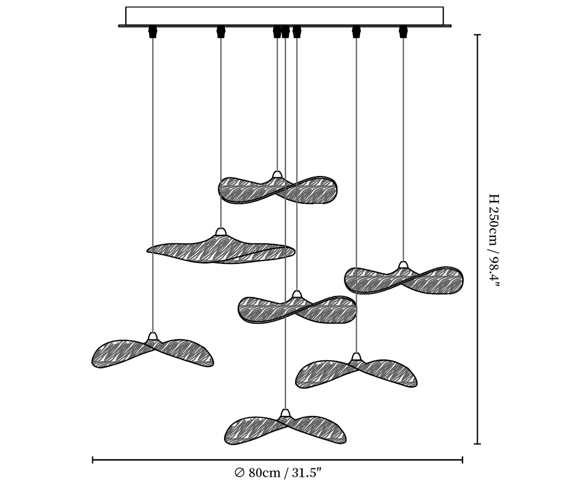 Dimension drawing of this Clérachic seven-leaf pendant, with its overall height and spread marked.