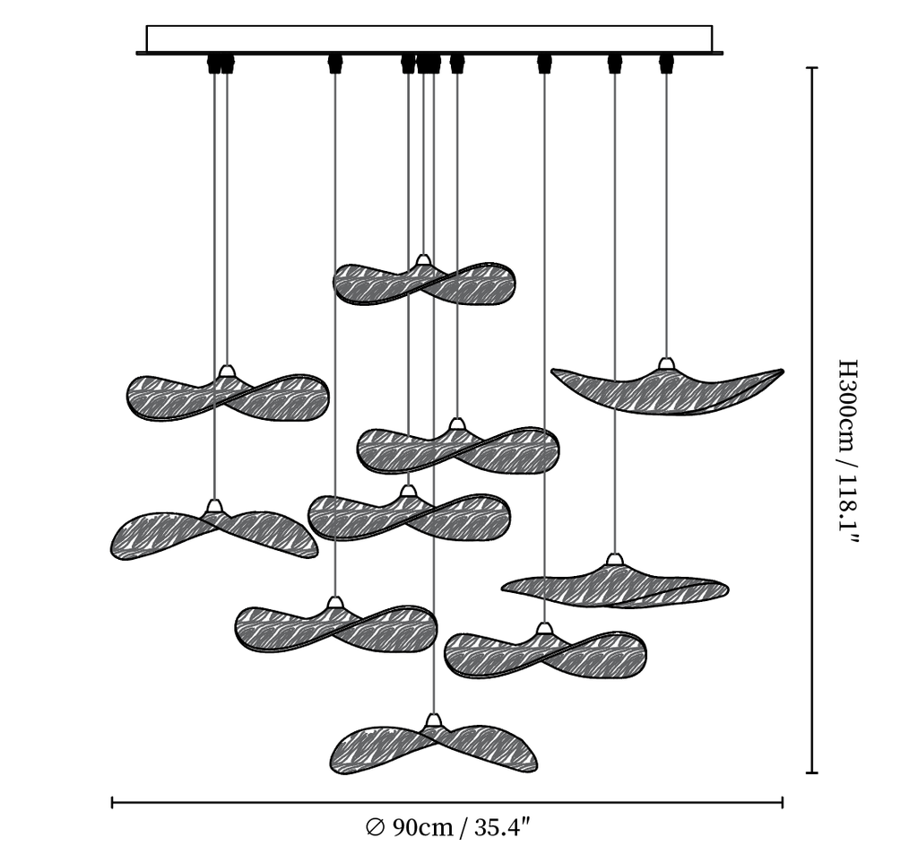 Dimension drawing of this Clérachic ten-leaf pendant, with its height and width marked.