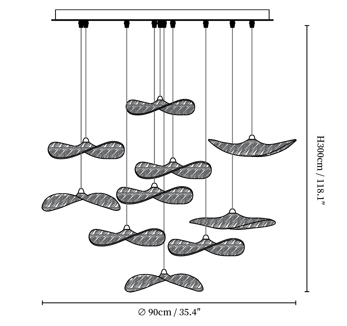 Dimension drawing of this Clérachic ten-leaf pendant, with its height and width marked.
