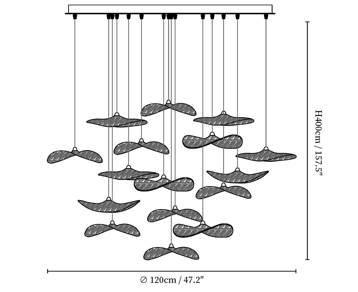 Dimension drawing of this Clérachic sixteen-leaf pendant, with its drop and diameter marked.