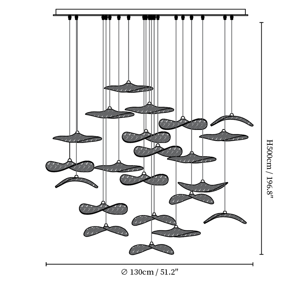 Dimension drawing of this Clérachic large leaf pendant cluster, with its height and width marked.