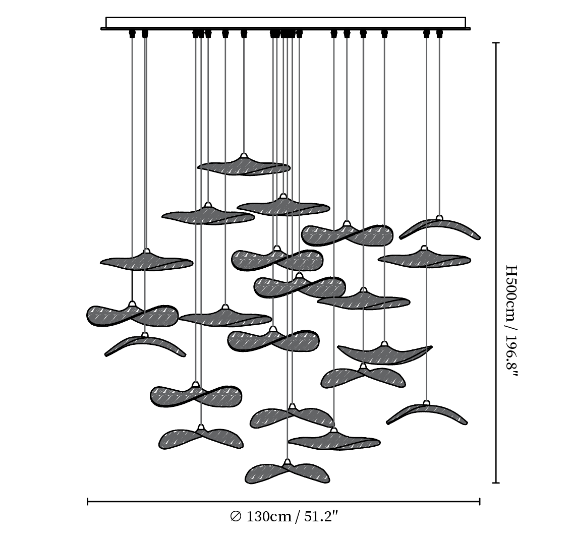Dimension drawing of this Clérachic large leaf pendant cluster, with its height and width marked.