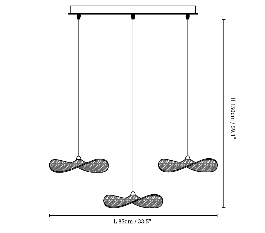 Dimension drawing of this Clérachic three-leaf bar pendant, with its height and length marked.