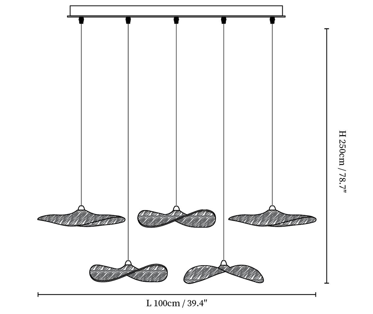 Dimension drawing of this Clérachic five-leaf bar pendant, with its height and length marked.