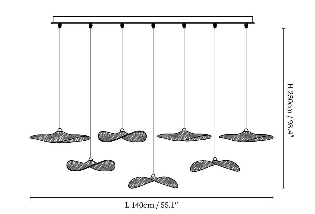Dimension drawing of this Clérachic seven-leaf bar pendant, with its height and length marked.