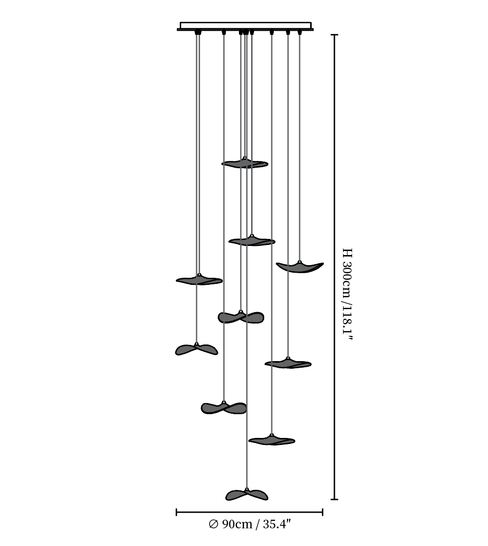Dimension drawing of this Clérachic tall leaf pendant cluster, with its drop and width marked.