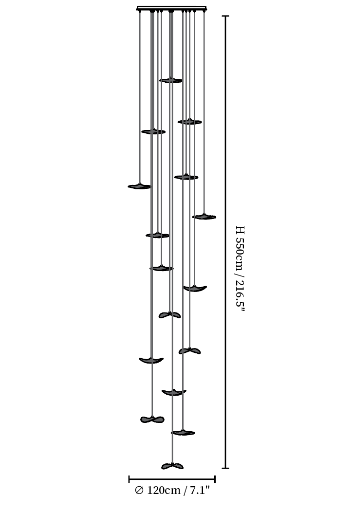 Dimension drawing of this Clérachic long-drop leaf pendant, with its height and width marked.