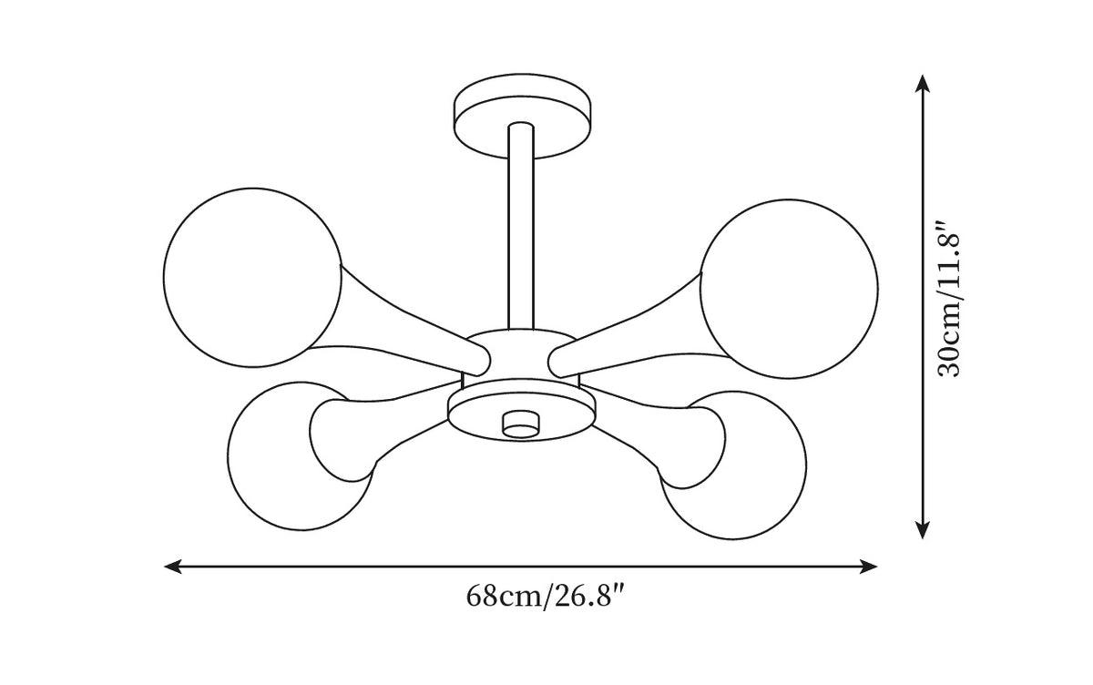 Dimension drawing of the wooden nera chandelier, in outline against white.