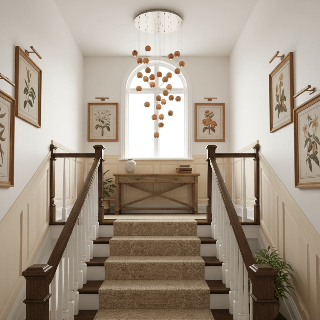 A Clérachic wood-sphere pendant cluster hanging in a stairwell, under a round ceiling plate, above a carpeted staircase and an arched window.
