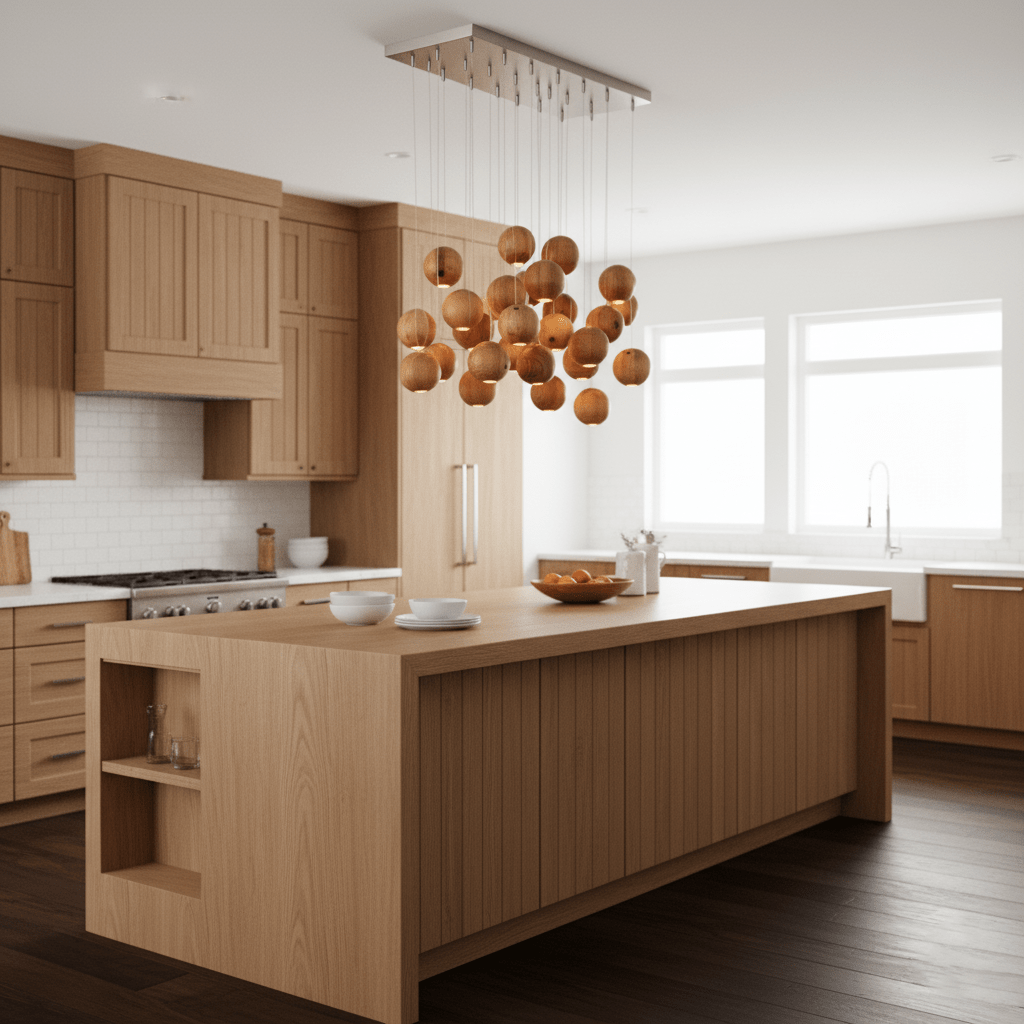 A Clérachic pendant of wood spheres on a rectangular ceiling plate, above a light-oak kitchen island with a white tiled wall behind.