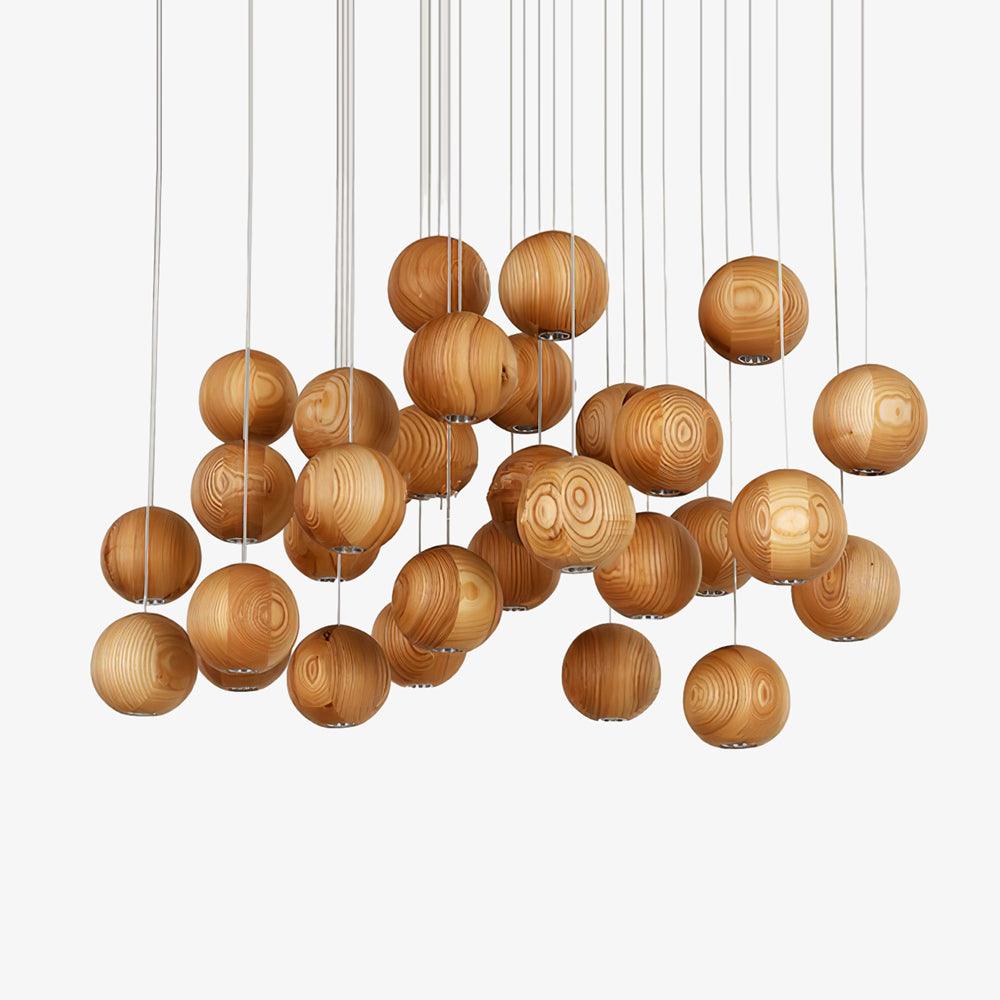 A large Clérachic wood-sphere cluster with dozens of spheres at varied heights on a plain white backdrop.