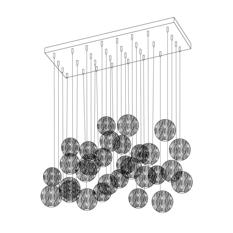 Line drawing of this Clérachic pendant on a rectangular ceiling plate, with a cluster of hatched spheres hanging on long cords.