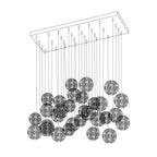 Line drawing of this Clérachic pendant on a rectangular ceiling plate, with a cluster of hatched spheres hanging on long cords.