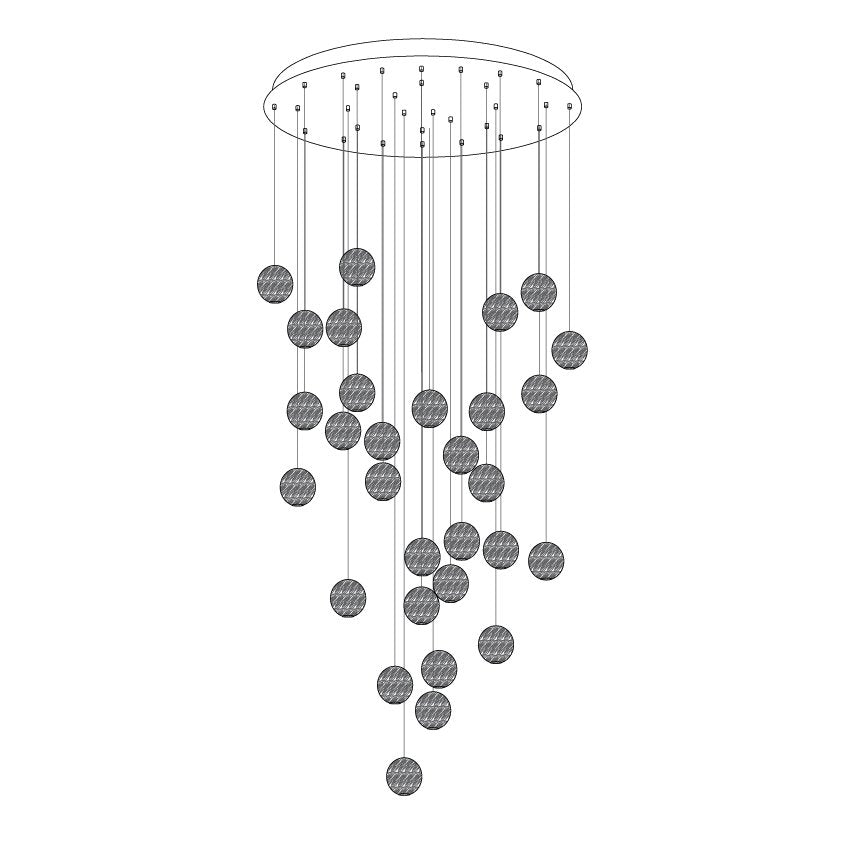 Line drawing of this Clérachic pendant on a round ceiling plate, with grey hatched spheres hanging at different heights.