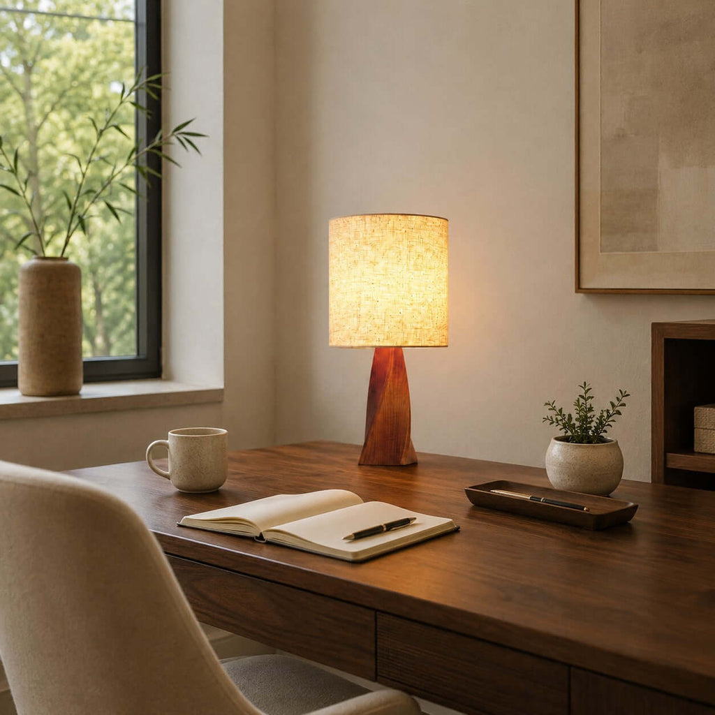 On a wooden desk by a window, this Clérachic table lamp sits beside an open notebook, a mug, a small plant and a pen tray.