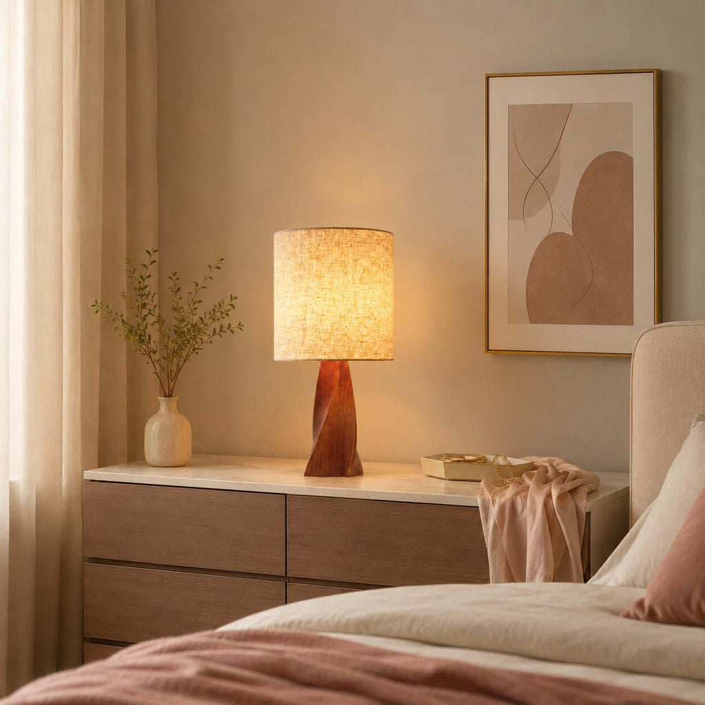 The lit linen shade of this Clérachic table lamp glows on a pale chest of drawers beside a bed with rose bedding, a small bud vase and a soft print.