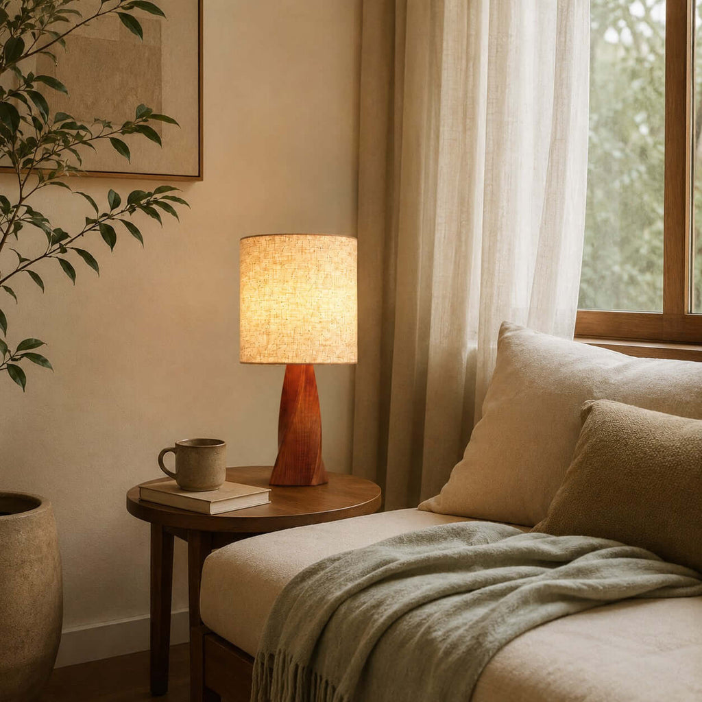 A bedside nook with a small round wooden table holds this Clérachic table lamp, a book and a mug, next to a cream daybed with a green throw.