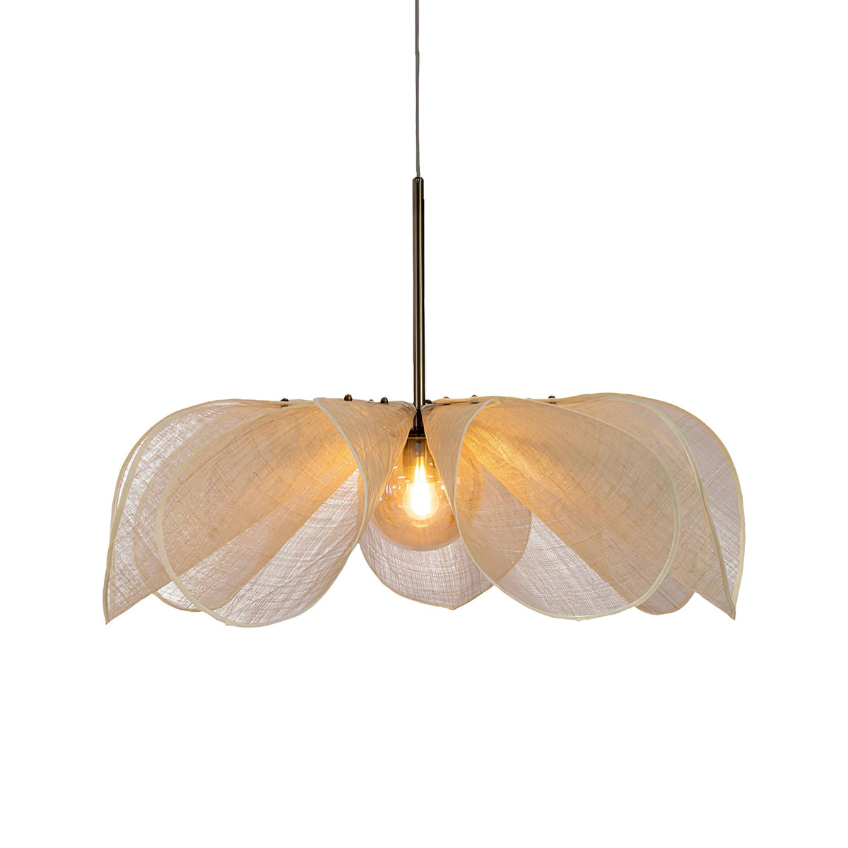 Side-on view of this Clérachic pendant on a plain white backdrop, its petals spread wide beneath a thin brass stem.