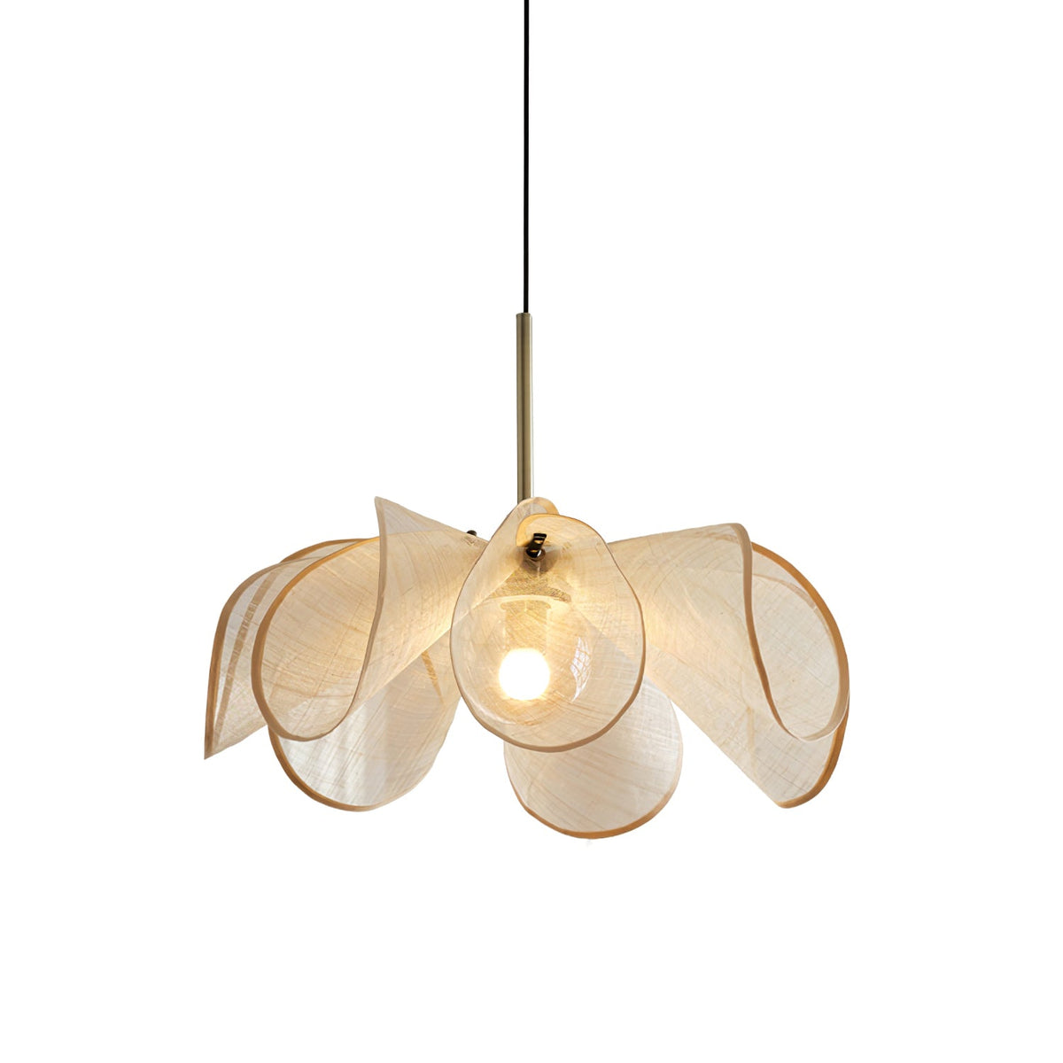 Beige woven petals curling around a glowing bulb on this Clérachic pendant, shown on a plain white backdrop.