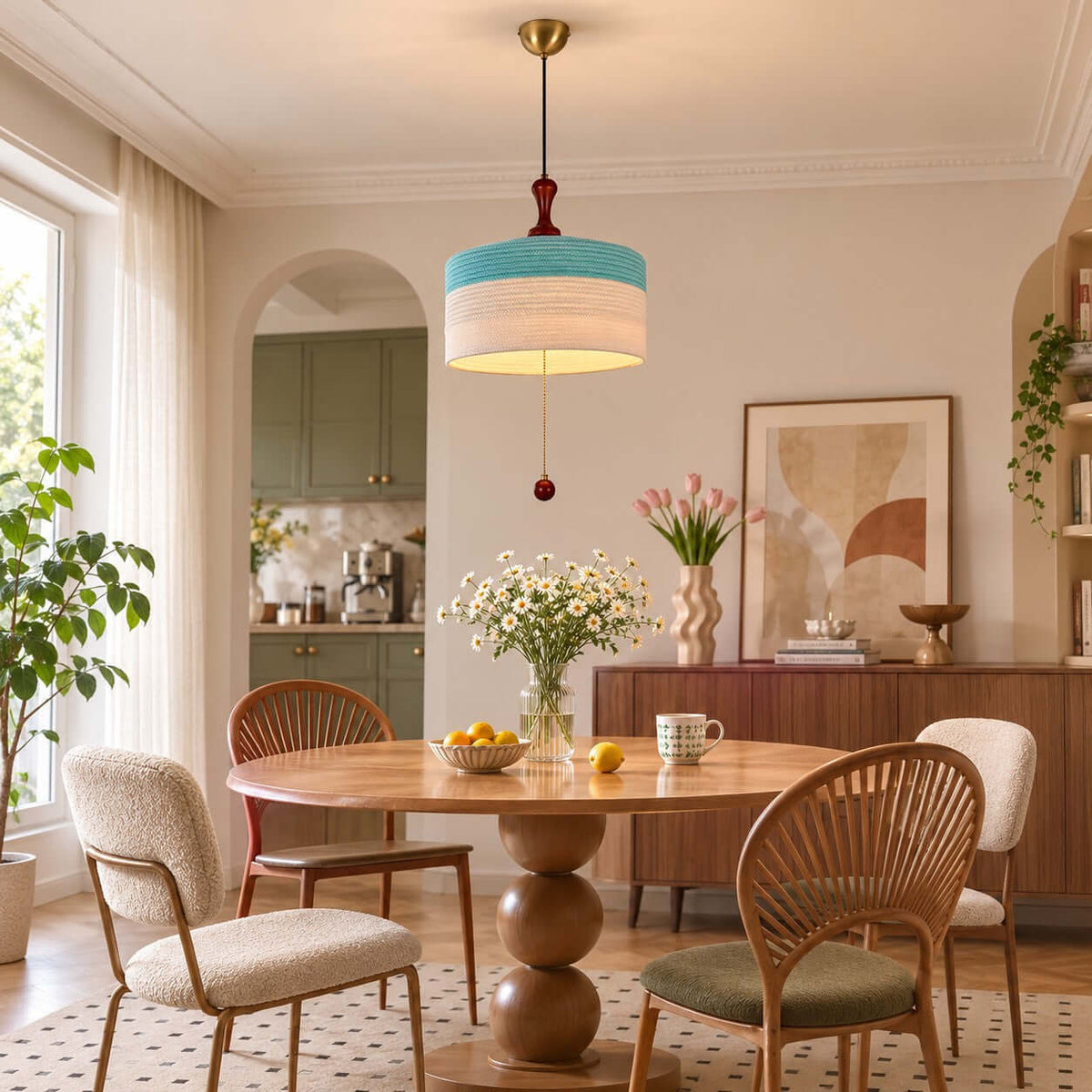 A Clérachic pendant with a blue and white woven drum shade hangs over a round wooden table with fan-back chairs and flowers.