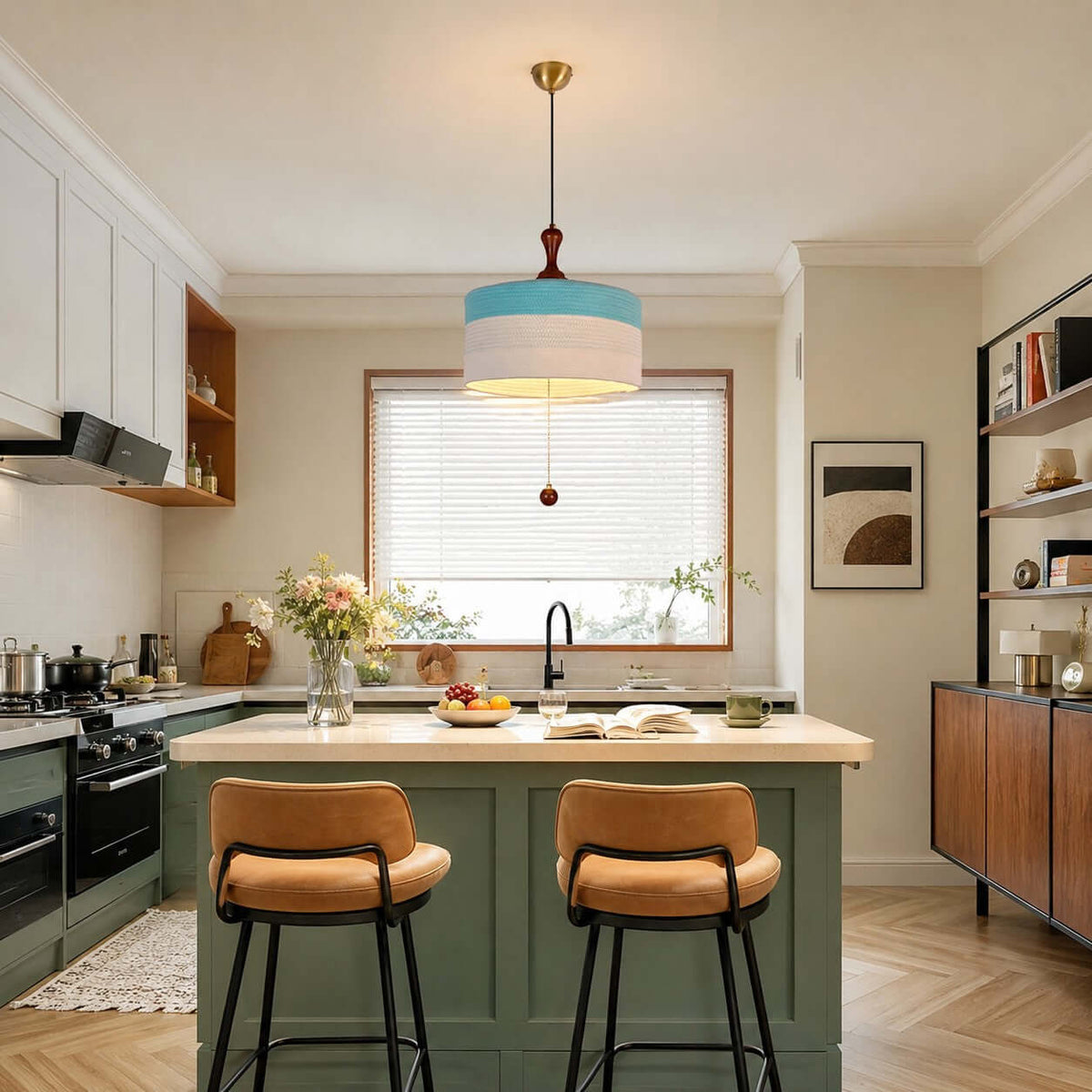 A blue and white Clérachic drum pendant with a brass cap hangs above a green kitchen island with two tan bar stools.