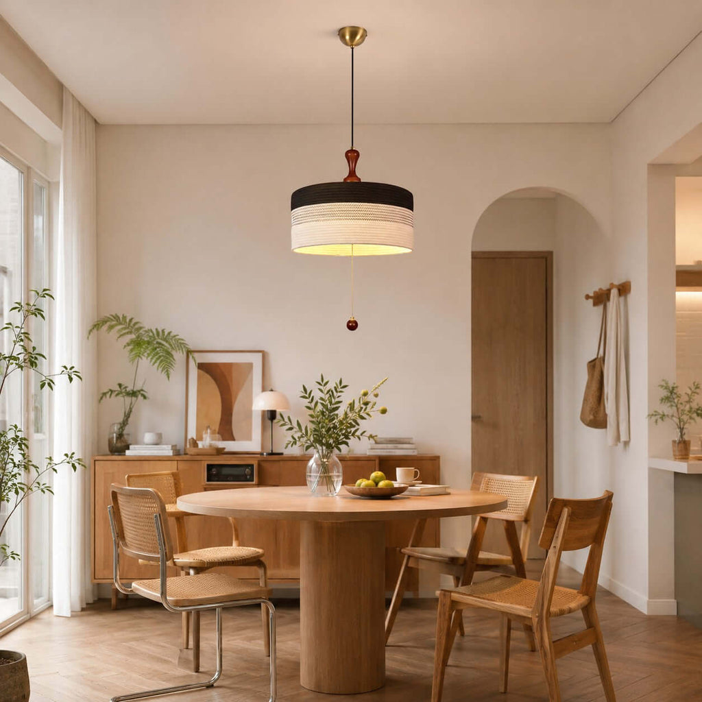 Black and white woven drum shade on this Clérachic pendant, hanging above a round wooden dining table in an arched room.