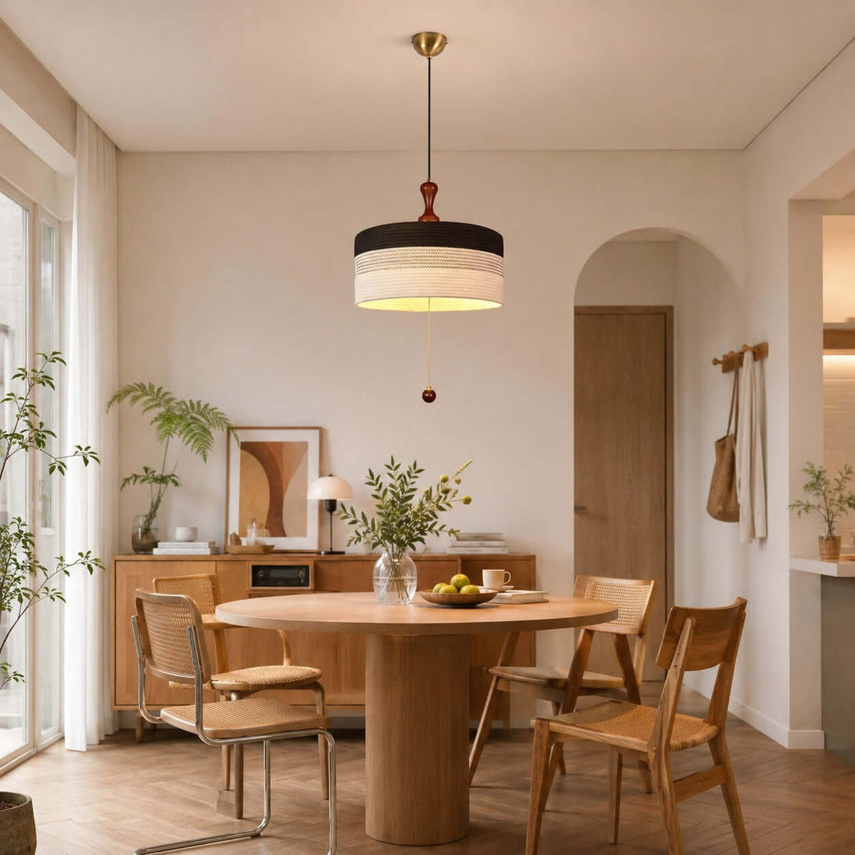 Black and white woven drum shade on this Clérachic pendant, hanging above a round wooden dining table in an arched room.