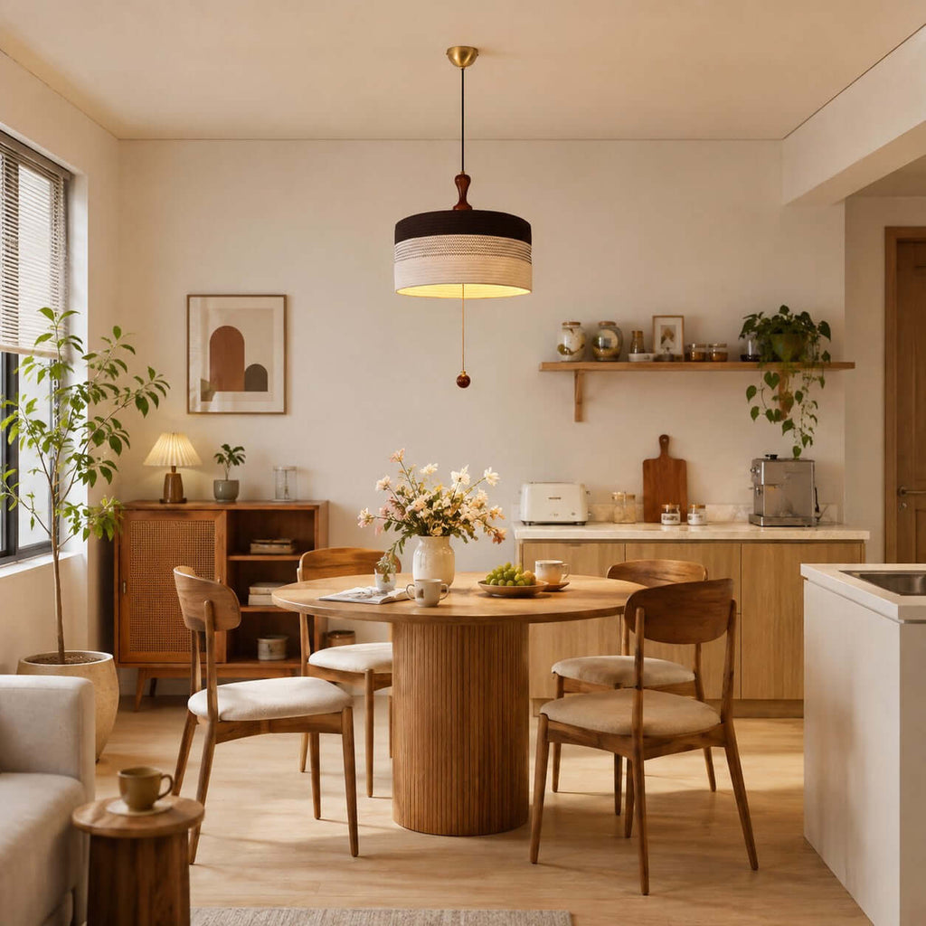 This Clérachic pendant with a black-topped drum shade hangs in an open dining room with a ribbed round table and wooden chairs.