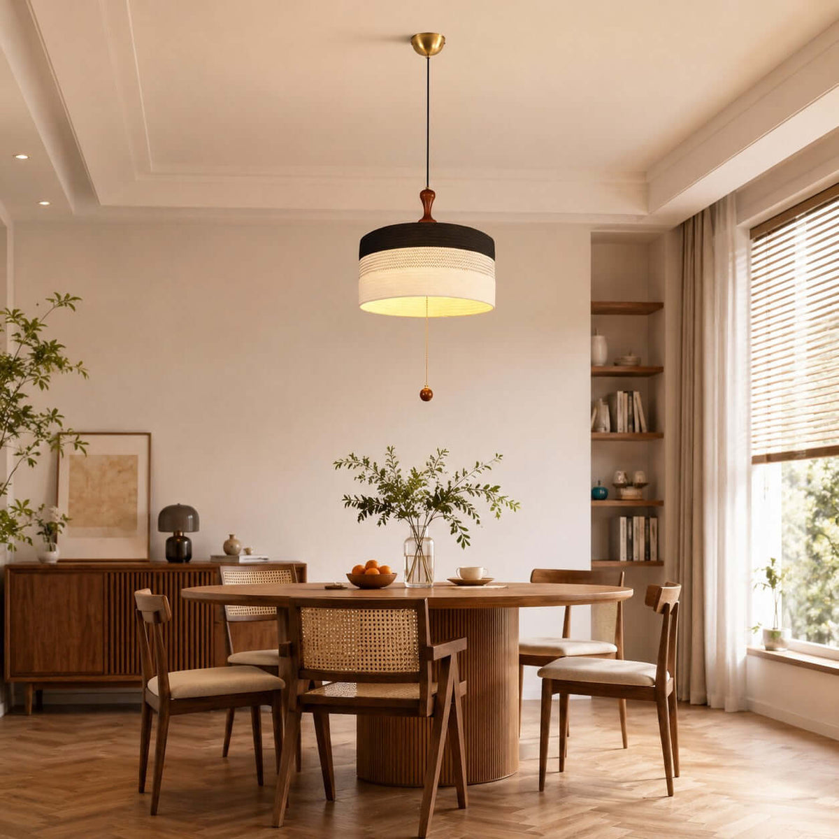 A black and white Clérachic pendant hangs in a wide dining room with a round table, rattan chairs and a bookshelf behind.