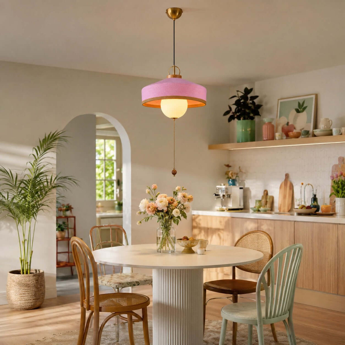A pink Clérachic pendant with a woven shade, glass globe and pull chain hangs over a round white table in a bright kitchen.