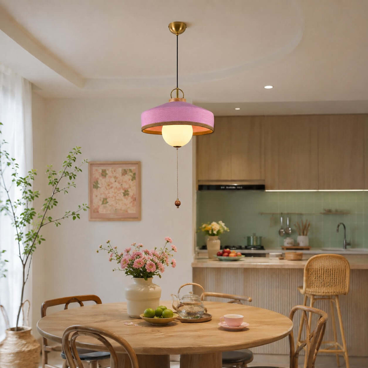 This Clérachic pendant in pink has a brass-coloured cap and a glowing globe, hung above a round wooden table with flowers.