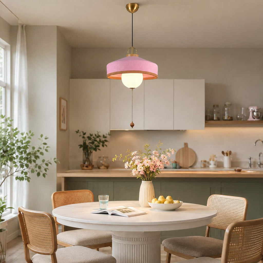 Over a round white table with a lemon bowl, this Clérachic pendant shows a pink woven shade and a warm-lit glass globe.