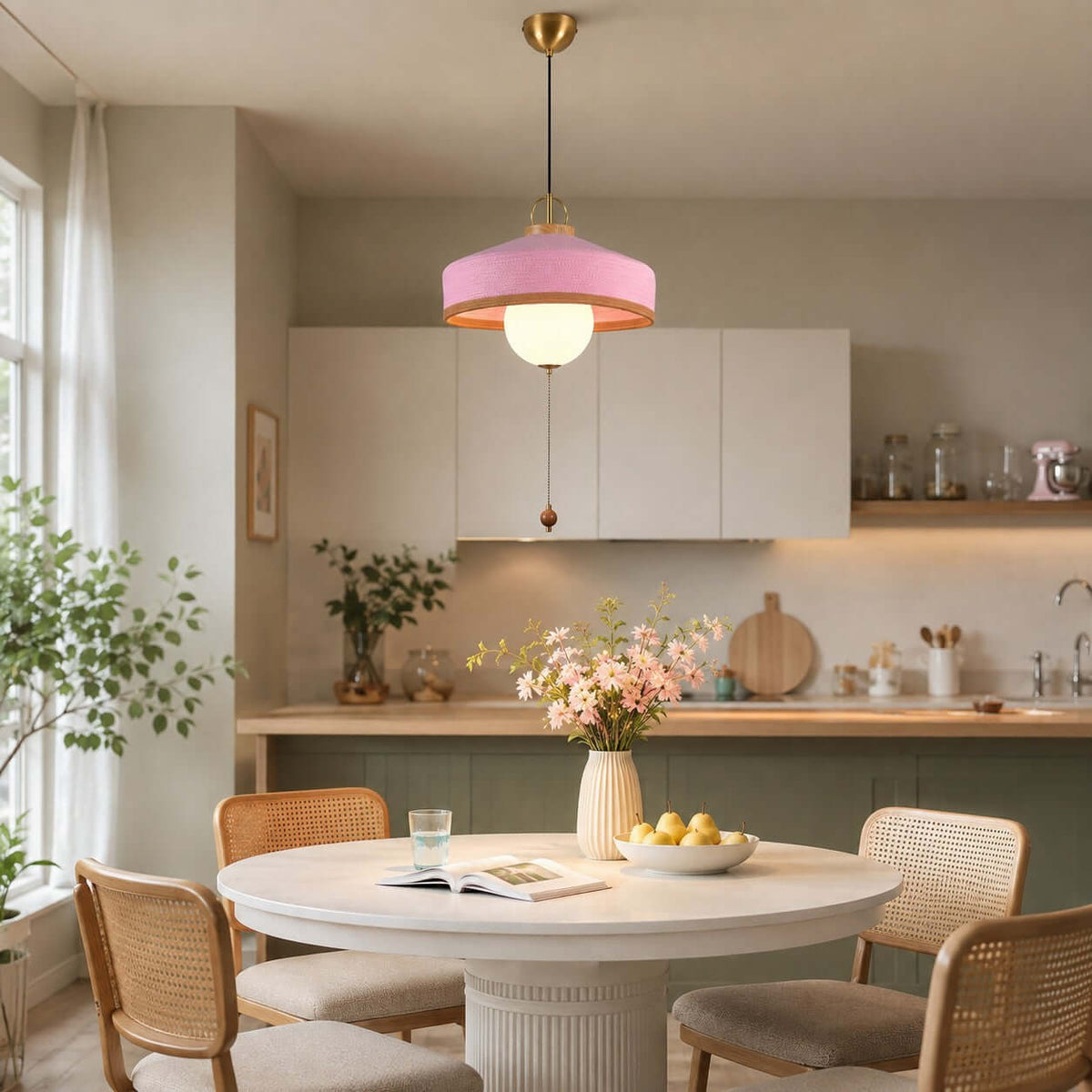 Over a round white table with a lemon bowl, this Clérachic pendant shows a pink woven shade and a warm-lit glass globe.